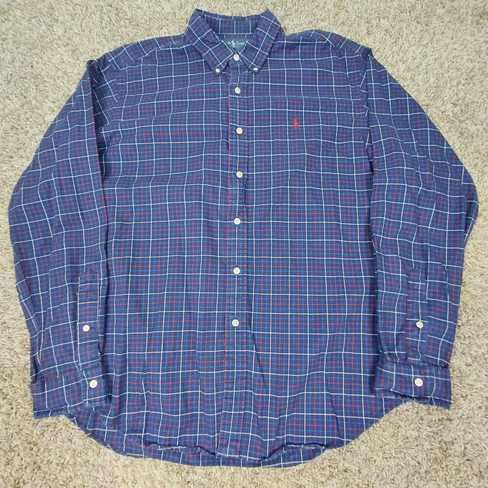 Vintage Ralph Lauren Button Down Shirt Mens XL Navy Window Check Plaid Classic